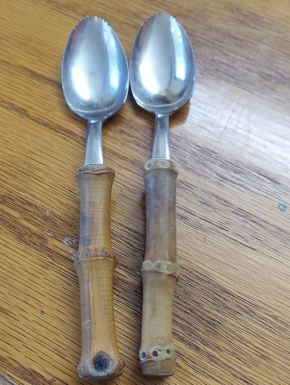 2 Vintage Grapefruit Spoons Wood Bamboo Handle Stainless Steel Made in Japan